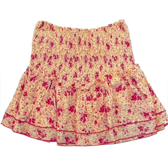 Poupette St Barth Floral Mini Skirt Size Small Yellow Red Ruffle Boho Resort - Picture 1 of 3